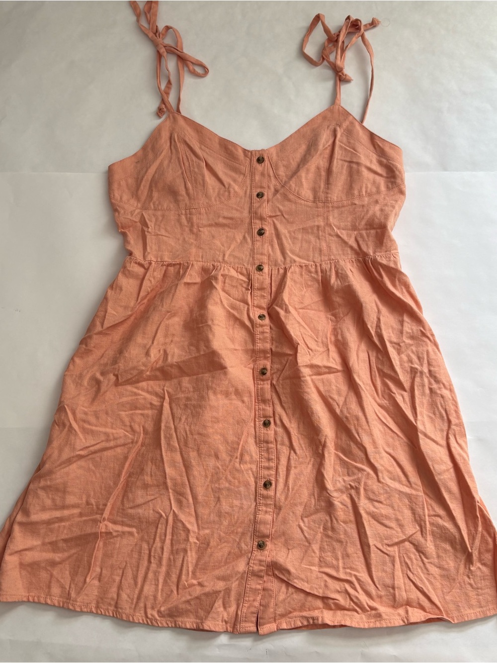 Aerie Linen Blend Tie-Shoulder Button-Front Mini Dress in Peach